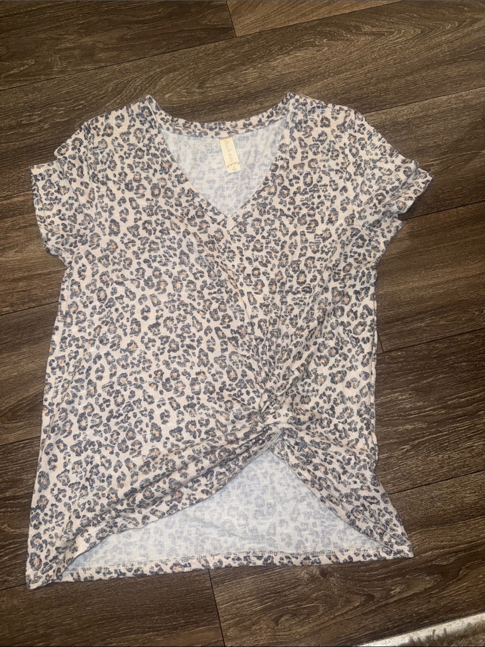 Altar'd State Cream and Taupe Leopard Twist-Front V-Neck Tee